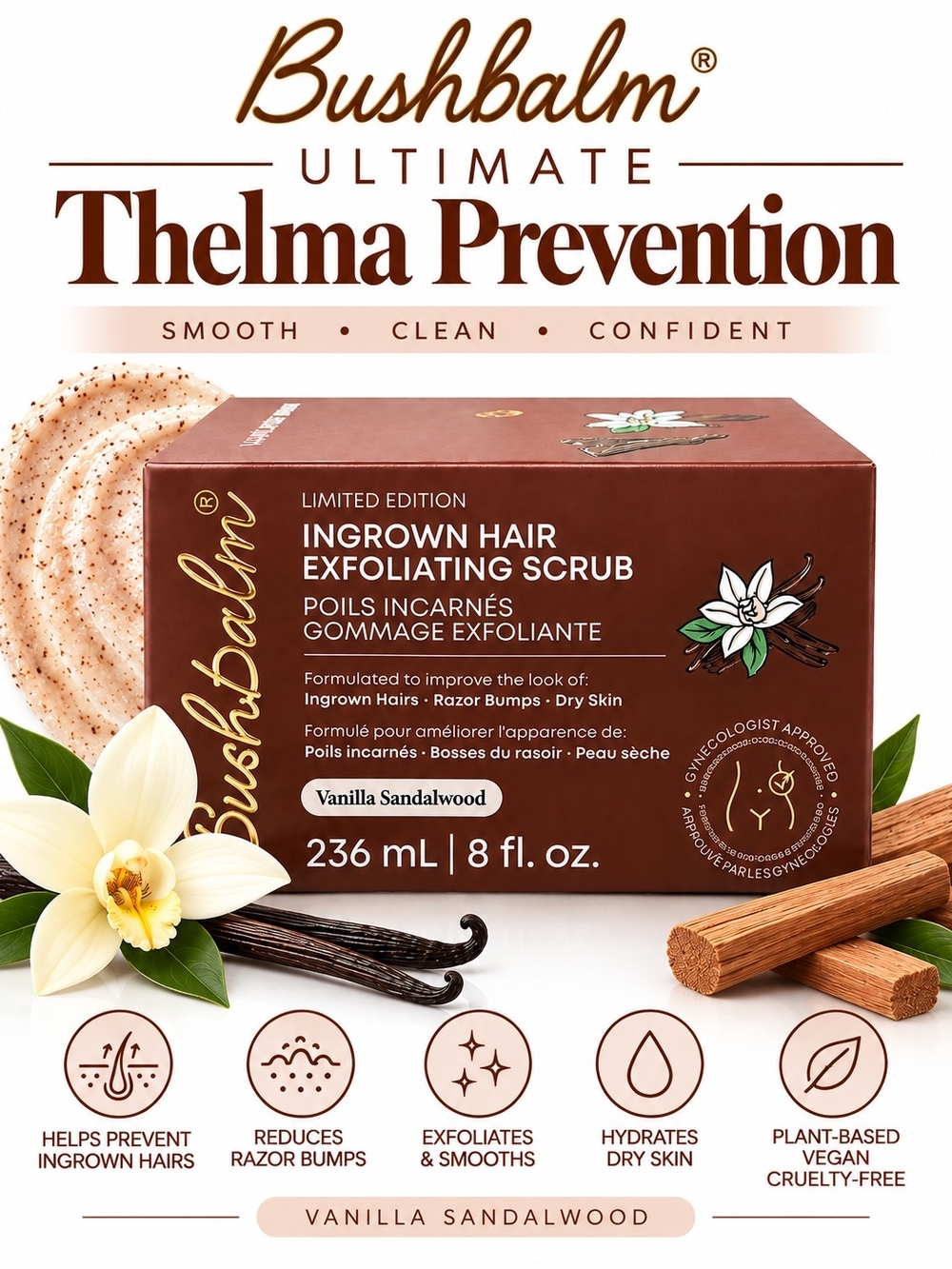 Bushbalm Limited Edition Vanilla Sandalwood Ingrown Hair Exfoliating Scrub NIB